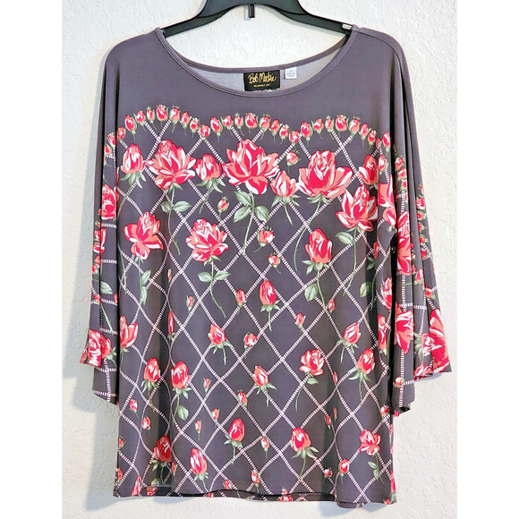 TOP/BLOUSE-BOB MACKIE WEARABLE ART-Dark Gray-Roses-Bell Sleeves-Size SMALL - Picture 1 of 14